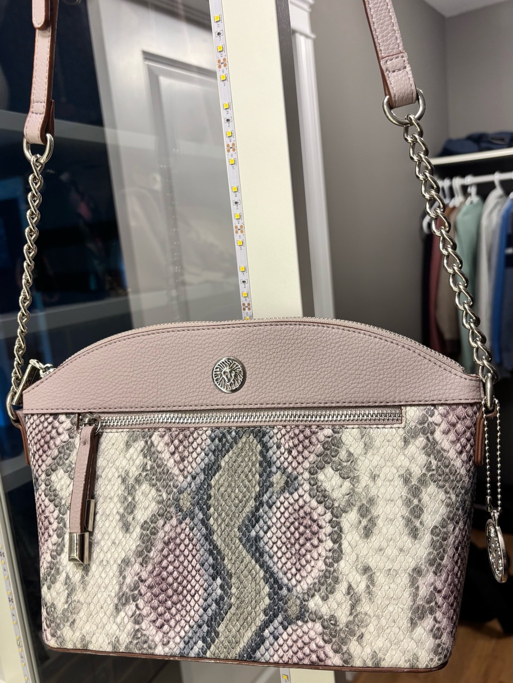 Anne Klein Blush Pink Snake-Print Crossbody Bag